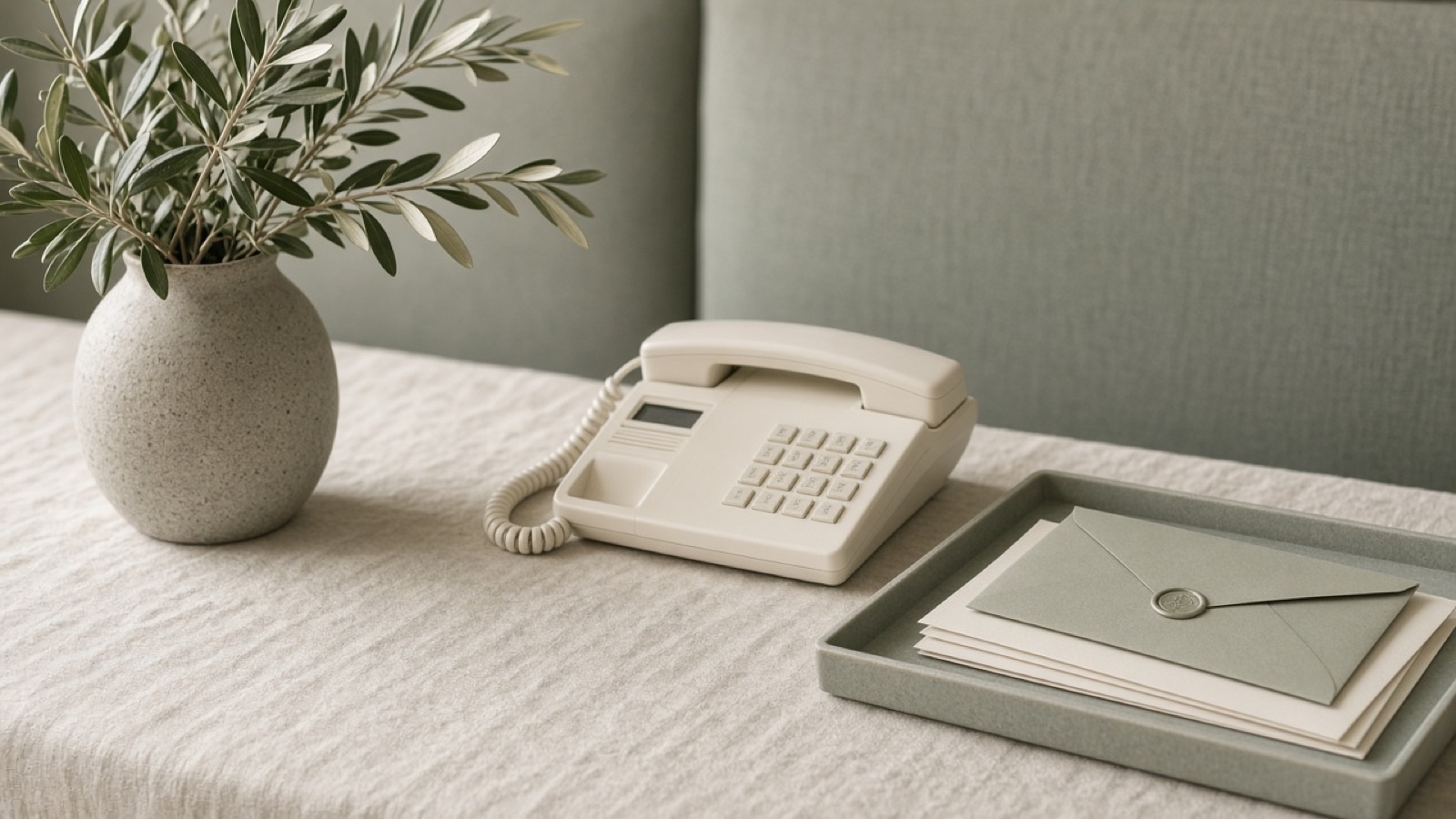 Contact desk with phone and mail on sage linen