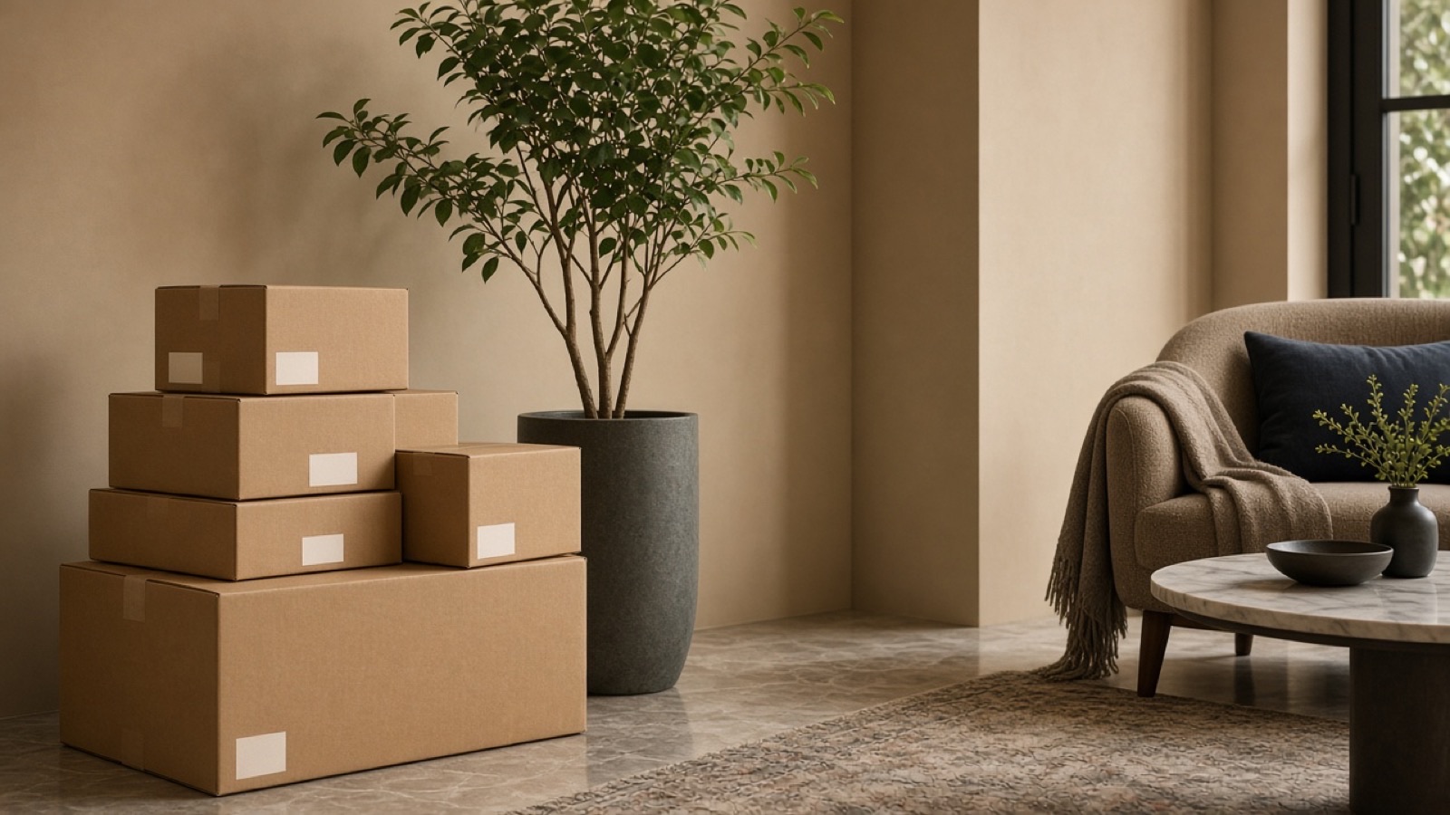 Shipping boxes with tracking labels on walnut flooring