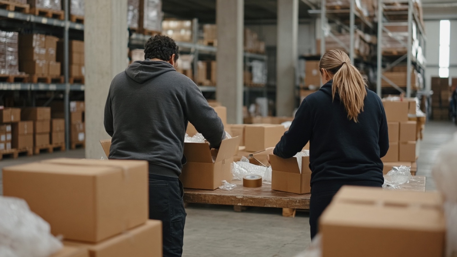 Warehouse team from behind packing orders